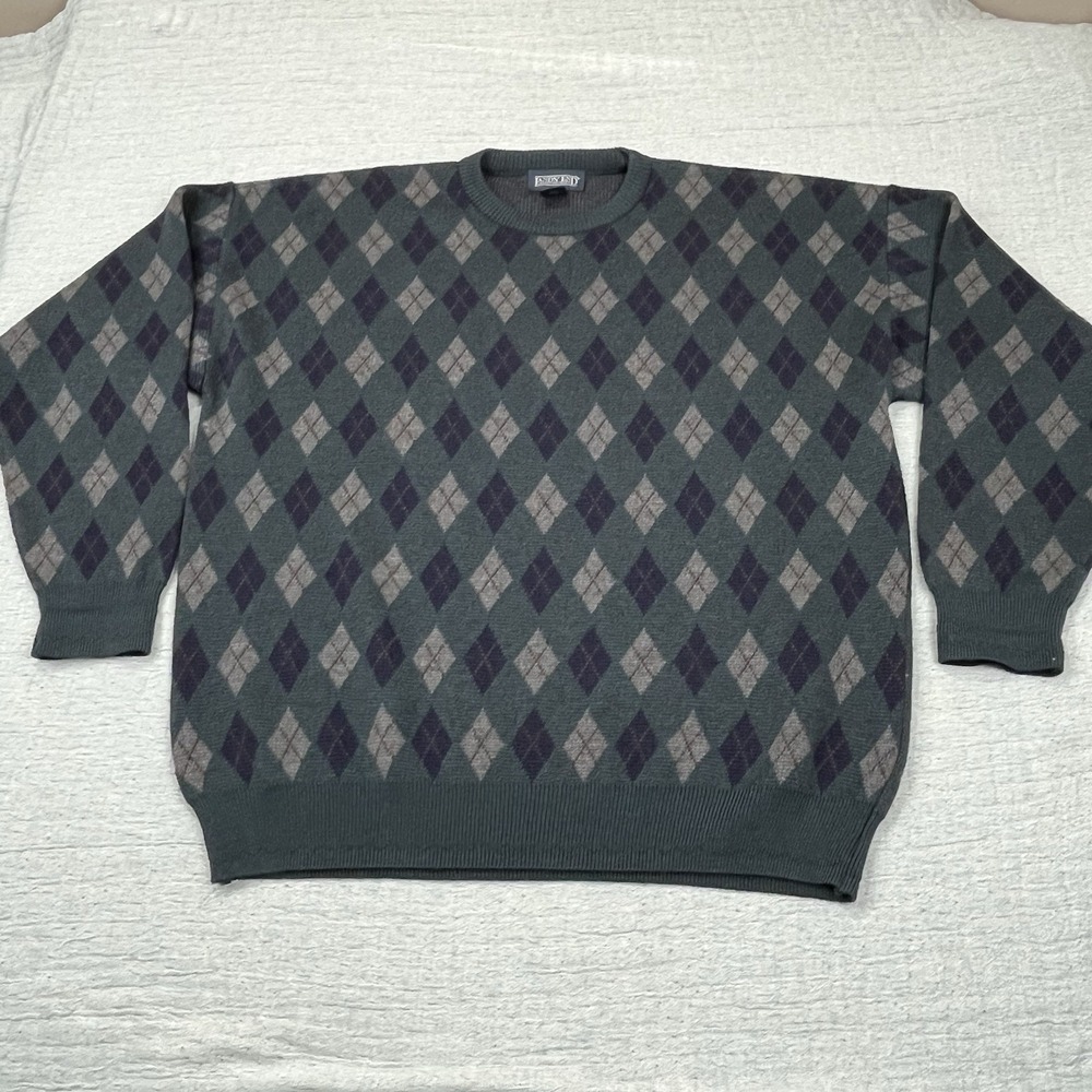 Vintage Lands End Argyle Sweater Large Green Blue Italian‎ Merino Wool
